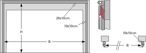 Dibujo del Tectura Stabitor con dimensiones alternativas, en el que la anchura de puerta B es 29 cm mayor. Ideal para requisitos especiales y zonas de paso
