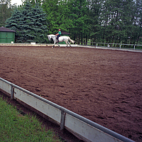 Picadero con capa de separación Lubratec y jinete sobre caballo blanco